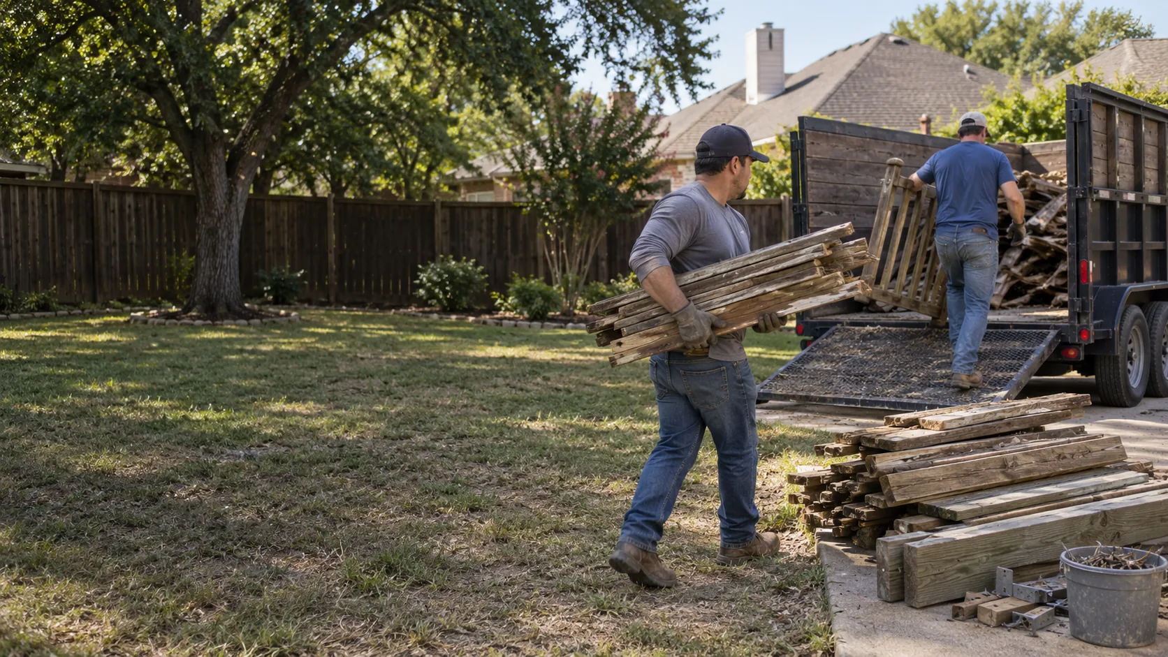 Workers loading dismantled deck lumber for haul-off