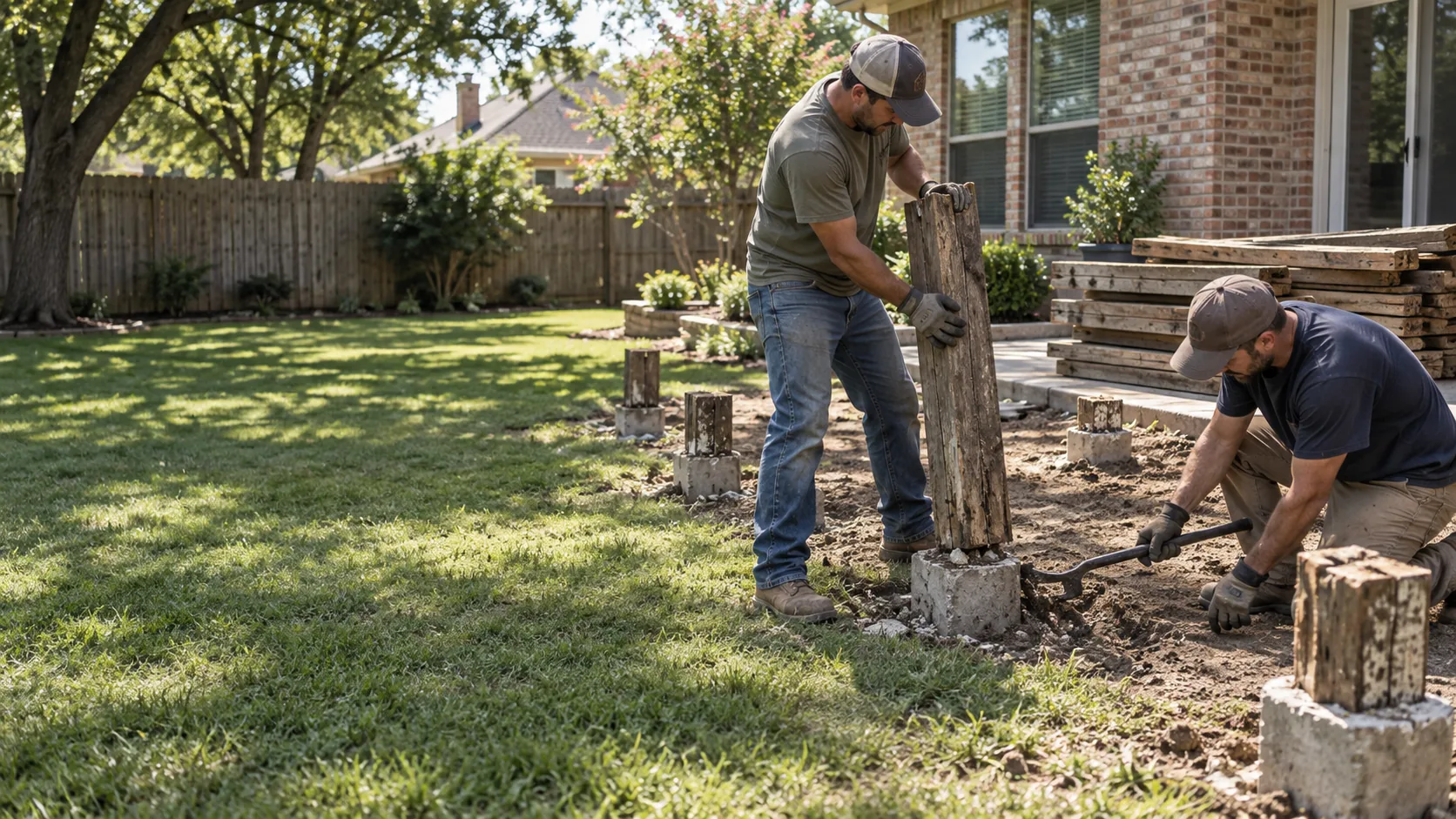 Workers assessing wooden posts and concrete deck footings